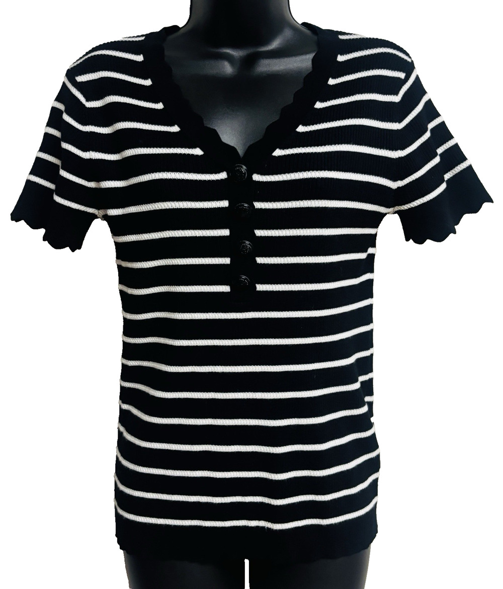 Karl Lagerfeld Women Sweater Top Small Black Bwhite Striped Scallop Short Sleeve